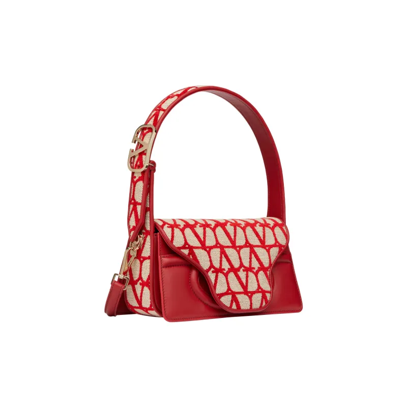 Valentino Canvas With Goatskin Detail Shoulder Bag, Crossbody Bag, Handbag Small Size Women's Beige/Red-2