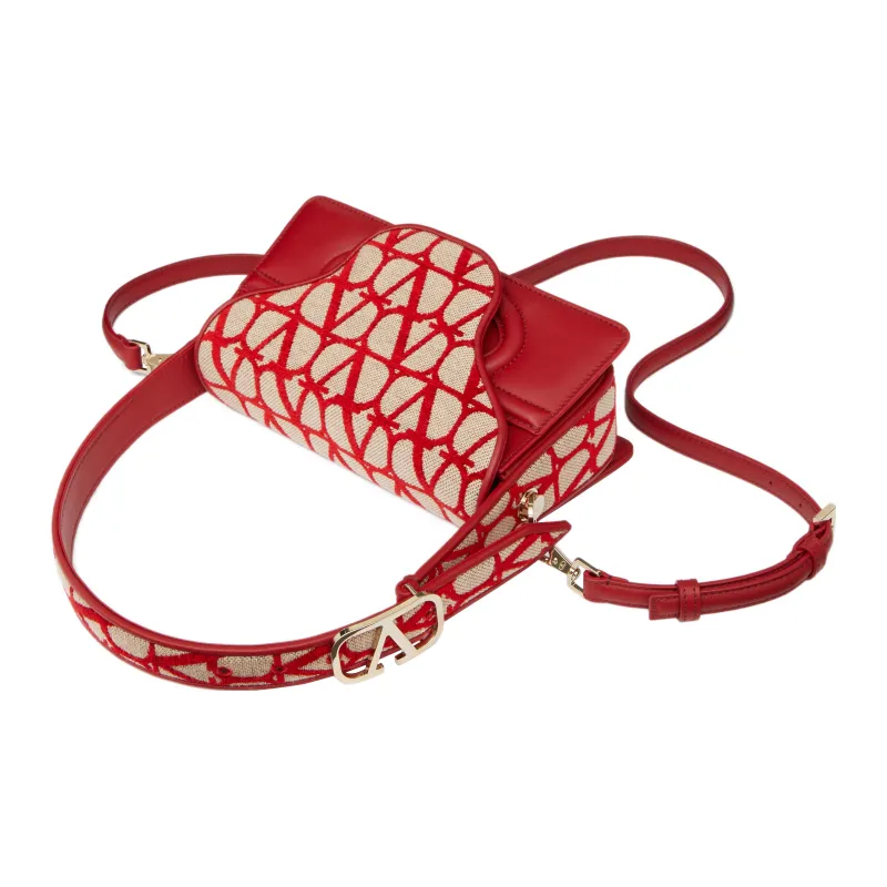 Valentino Canvas With Goatskin Detail Shoulder Bag, Crossbody Bag, Handbag Small Size Women's Beige/Red-4