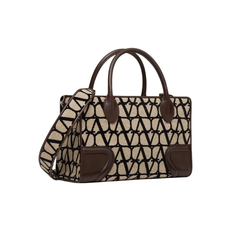 Valentino Canvas With Goatskin Tote Bag Shopping Bag Shoulder Bag Crossbody Bag Handbag Small Size Women's Beige/Black-2