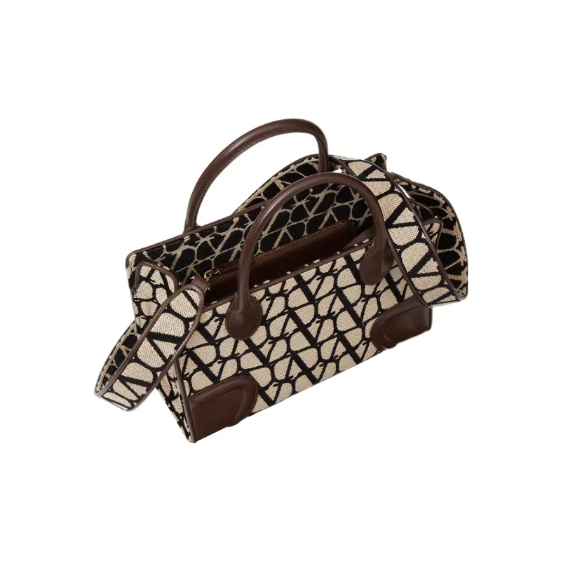 Valentino Canvas With Goatskin Tote Bag Shopping Bag Shoulder Bag Crossbody Bag Handbag Small Size Women's Beige/Black-4