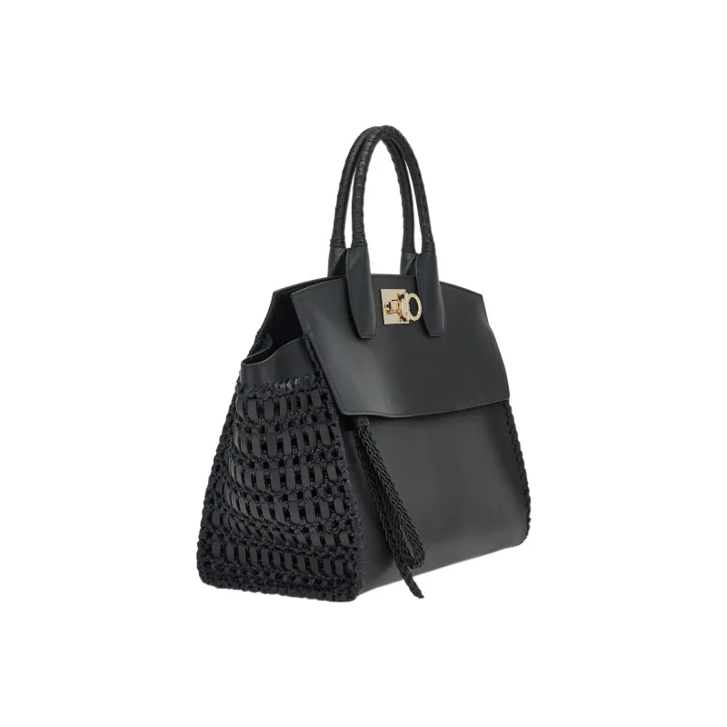 FERRAGAMO Studio Cow Leather Shoulder Bag Crossbody Bag Handbag Large Size Women's Black-2