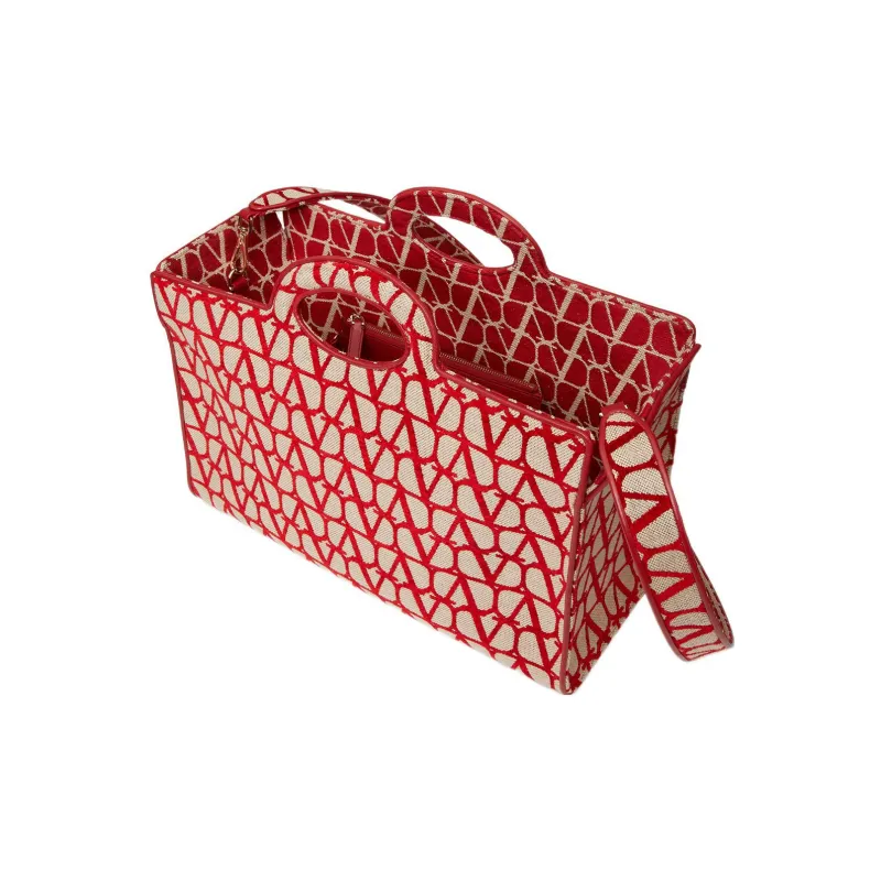 Valentino Fabric Tote Handbag Shopping Bag Large Size Women's Beige/Red-4