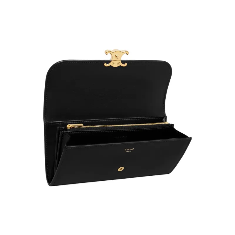 CELINE Triomphe Glossy Calfskin Wallet Large Size Women's Black-3