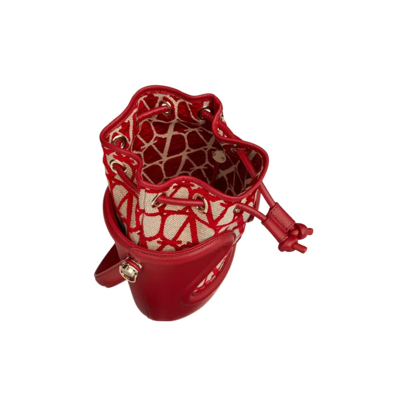 Valentino Goatskin Patchwork Fabric Detail Bucket Bags Shoulder Bag Crossbody Bag Handbag Regular Women's Beige/Red-5