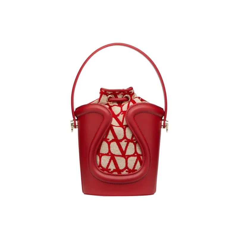 Valentino Goatskin Patchwork Fabric Detail Bucket Bags Shoulder Bag Crossbody Bag Handbag Regular Women's Beige/Red-1
