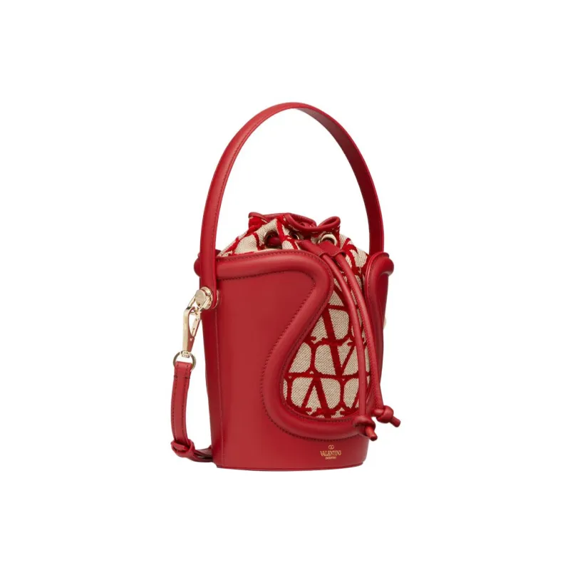 Valentino Goatskin Patchwork Fabric Detail Bucket Bags Shoulder Bag Crossbody Bag Handbag Regular Women's Beige/Red-2