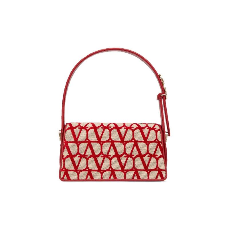 Valentino Canvas With Goatskin Detail Shoulder Bag, Crossbody Bag, Handbag Small Size Women's Beige/Red-1