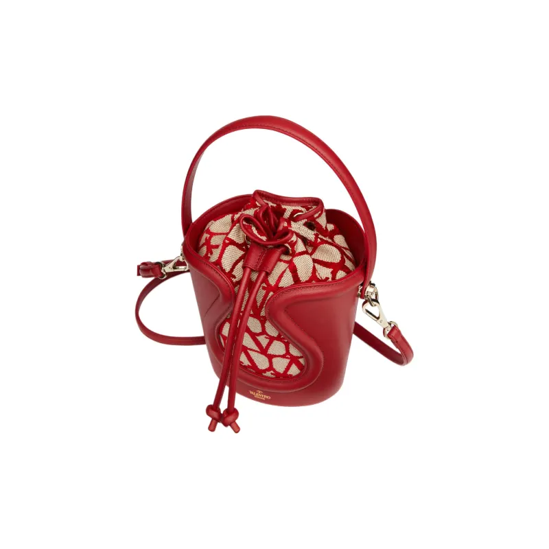 Valentino Goatskin Patchwork Fabric Detail Bucket Bags Shoulder Bag Crossbody Bag Handbag Regular Women's Beige/Red-4