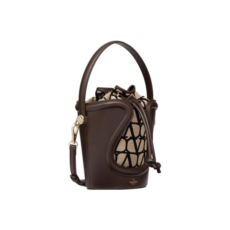 Valentino Goatskin With Fabric Detail Bucket Bag, Shoulder Bag, Crossbody Bag, Handbag Women's Beige/Black-2