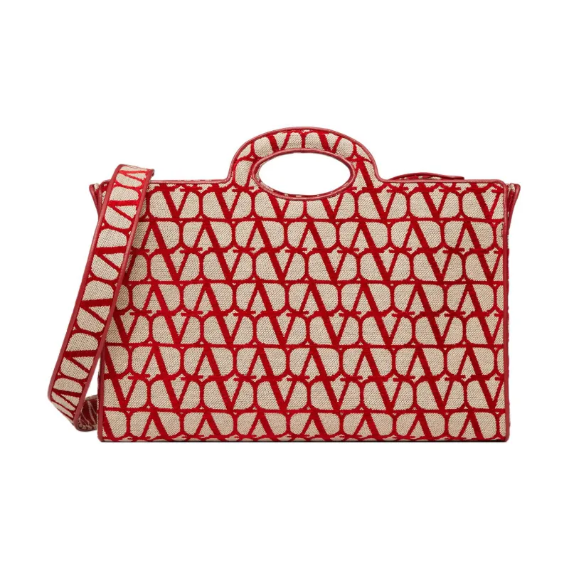 Valentino Fabric Tote Handbag Shopping Bag Large Size Women's Beige/Red-0