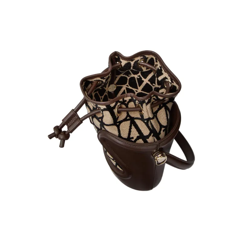 Valentino Goatskin With Fabric Detail Bucket Bag, Shoulder Bag, Crossbody Bag, Handbag Women's Beige/Black-5