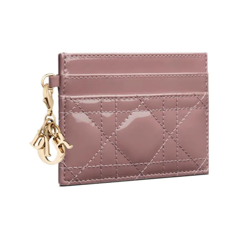 DIOR Lady Dior Patent Leather Cowhide Card Clip Card Holder Women's Pink Peony-1