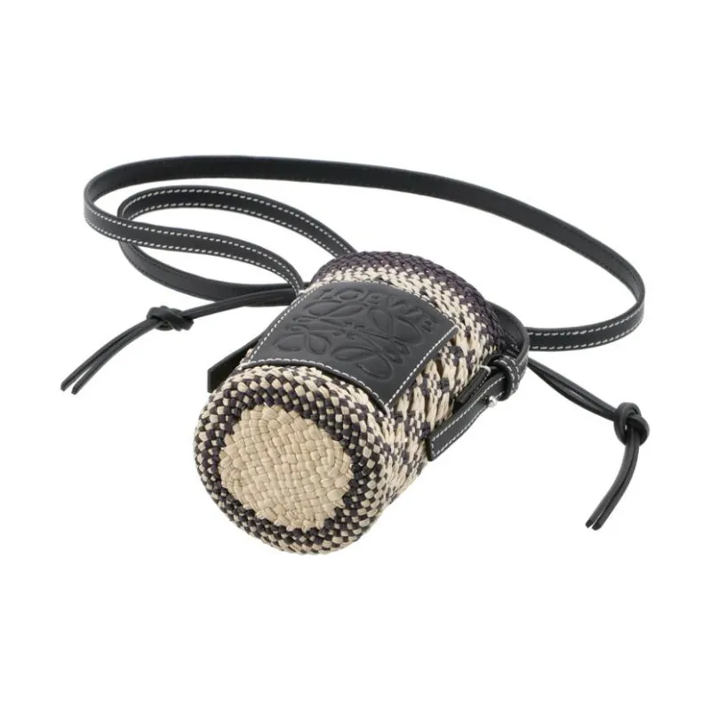 LOEWE Cylinder Pocket Embossed Cow Leather Patch Woven Straw Bag Vacation Bag Shoulder Bag Crossbody Bag Women's Black-4
