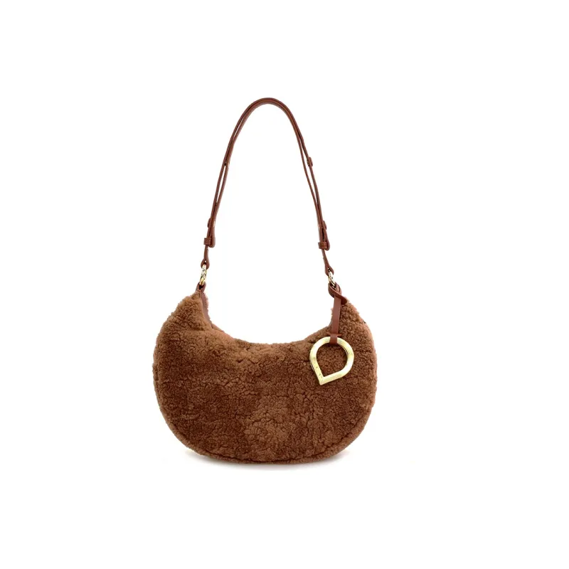 C.LI Lambswool Cute Sweetie Plush Bag Shoulder Bag, Detachable Charm Zip Closure Women's Hazelnut Brown/Cream White-0