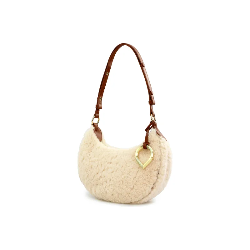 C.LI Lambswool Cute Sweetie Plush Bag Shoulder Bag, Detachable Charm Zip Closure Women's Hazelnut Brown/Cream White-6