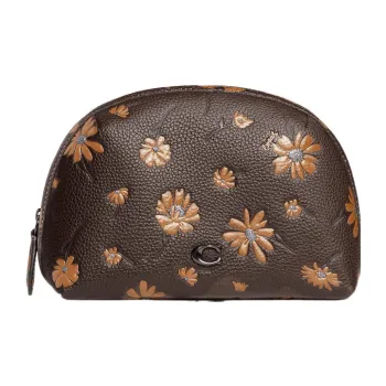 COACH Julienne Glossy Pebbled Leather Clutch Toiletry Bag Makeup Bag Small Size Women's Dark Brown