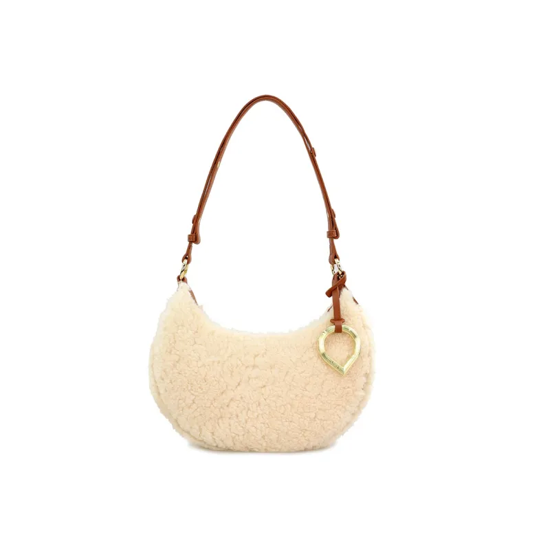 C.LI Lambswool Cute Sweetie Plush Bag Shoulder Bag, Detachable Charm Zip Closure Women's Hazelnut Brown/Cream White-5