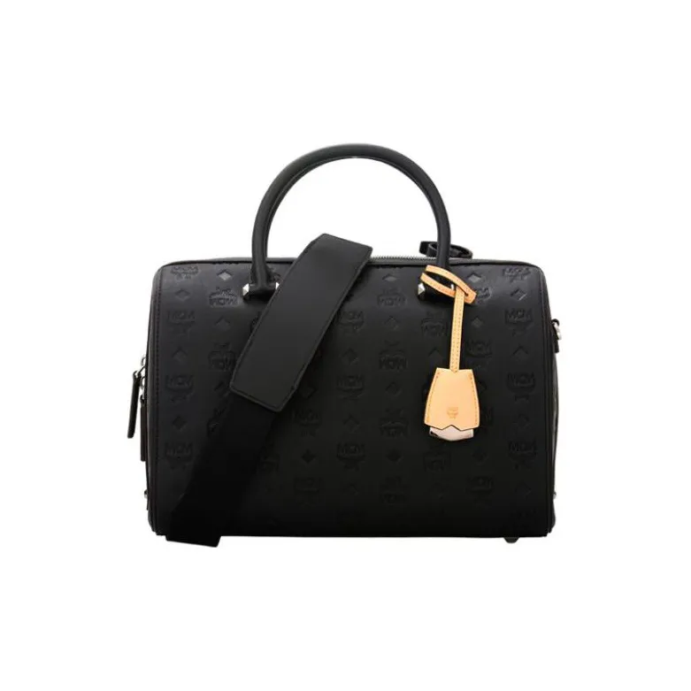 MCM Cow Leather Boston Pillow Bag, Crossbody, One Shoulder, Handbag Women's Black-0