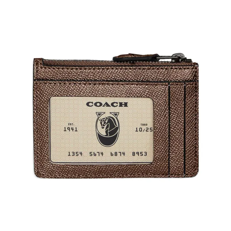 COACH Skinny Id Case Metallic Twill Leather Coin Purse, Card Holder Mini Women's Dark Brown-1