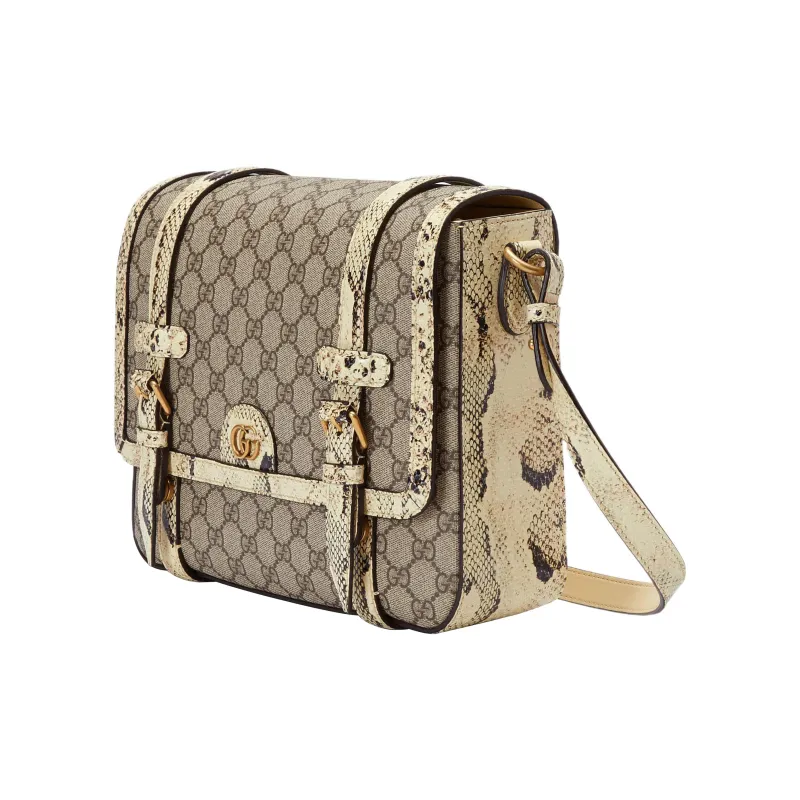 GUCCI Canvas With Snake Skin Trim Messenger Bag Shoulder Bag Crossbody Bag Medium Size Men's Ebony-2