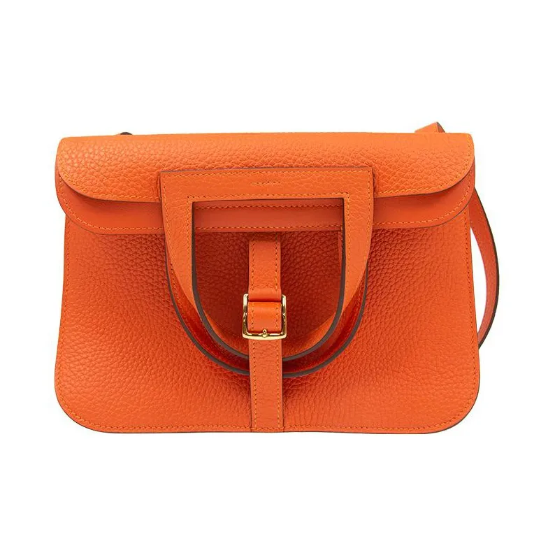 HERMES Halzan Clemence Bullock Leather Shoulder Bag Crossbody Bag Handbag Regular Women's 9J Feu Flame Orange-0