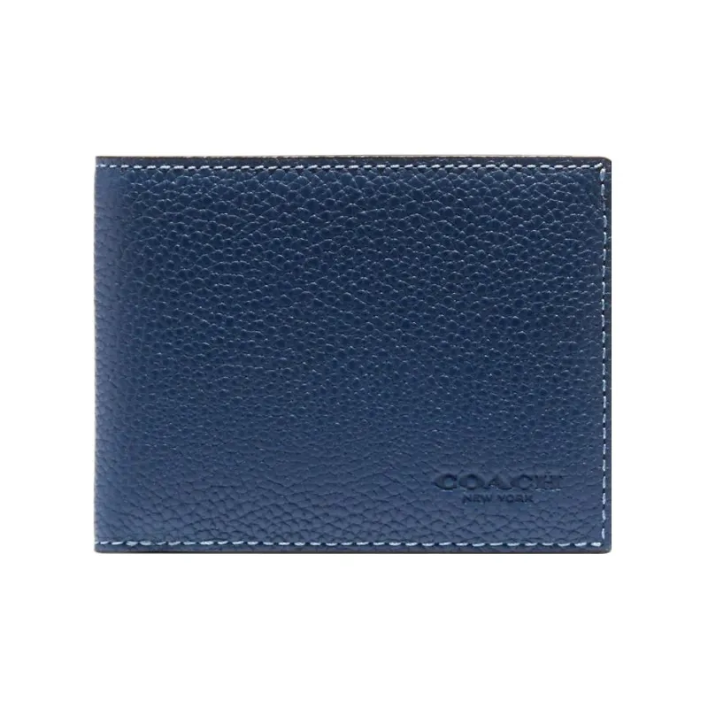 COACH Billfold Wallet Soft Polished Pebbled Leather Coin Purse Wallets Card Holders Men's Royal Blue-0