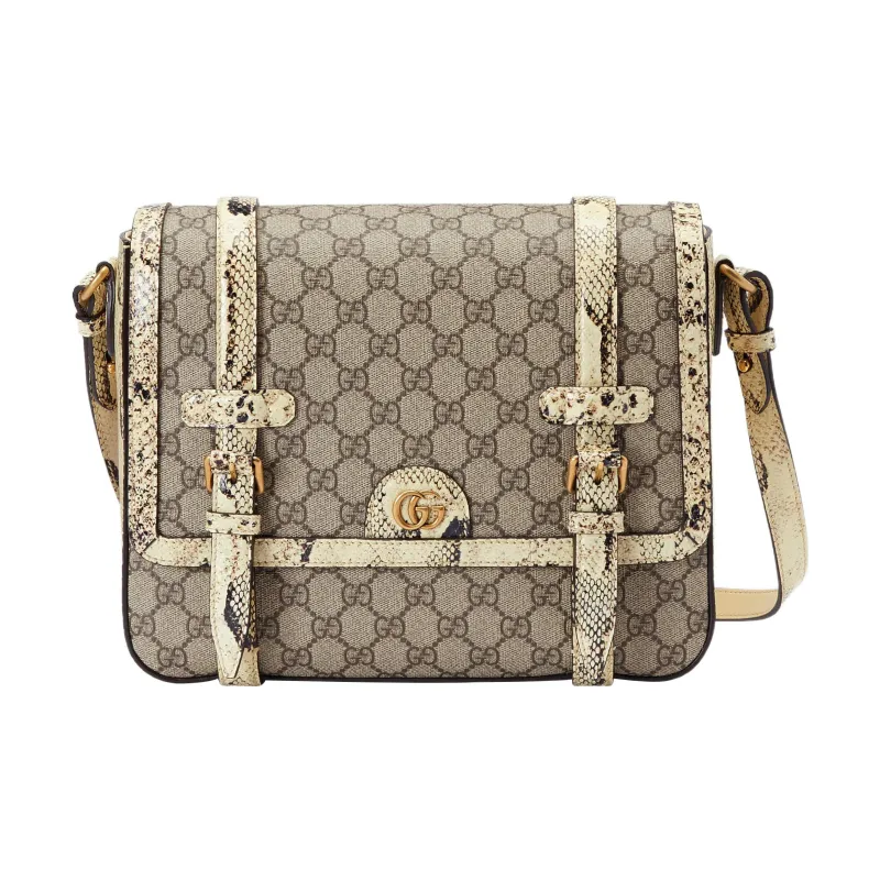 GUCCI Canvas With Snake Skin Trim Messenger Bag Shoulder Bag Crossbody Bag Medium Size Men's Ebony-0