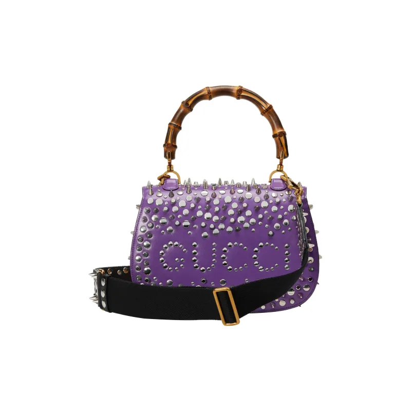 GUCCI Bamboo 1947 Leather Shoulder Bag Crossbody Bag Handbag Small Size Women's Purple/Yellow-4