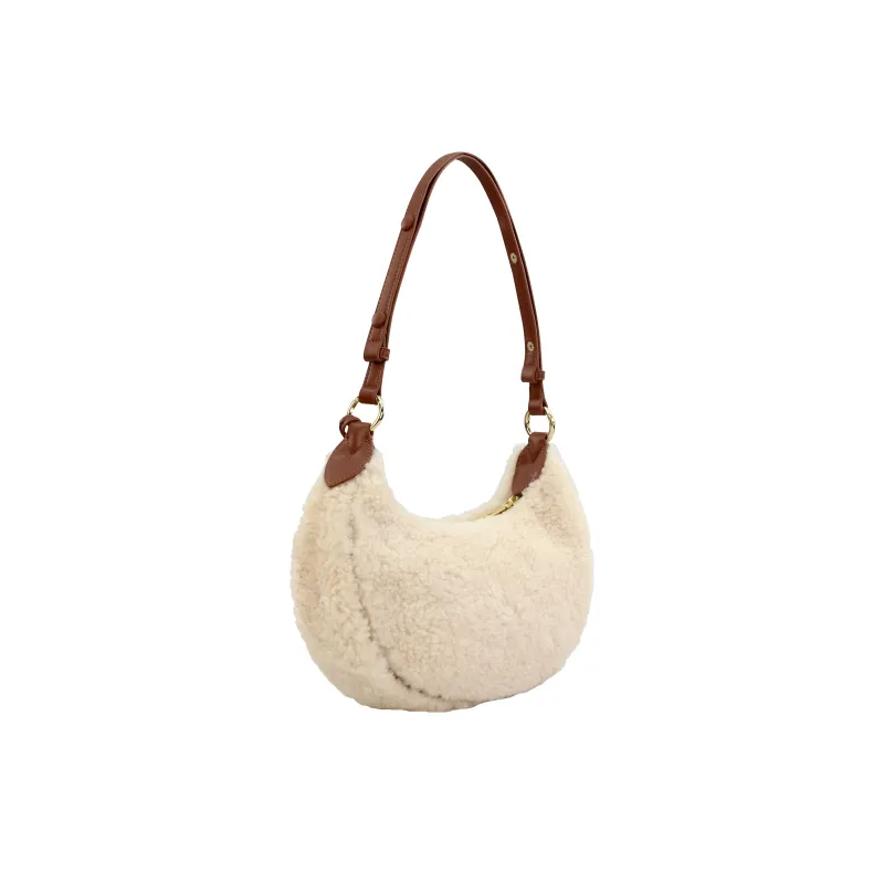 C.LI Lambswool Cute Sweetie Plush Bag Shoulder Bag, Detachable Charm Zip Closure Women's Hazelnut Brown/Cream White-7