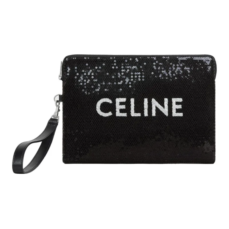 CELINE Calfskin Trim Handbags Wrist Bags Clutches Small Size Women's Black-0
