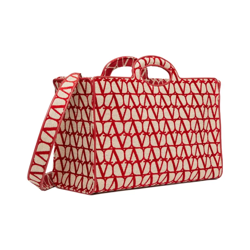 Valentino Fabric Tote Handbag Shopping Bag Large Size Women's Beige/Red-2