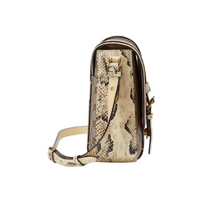 GUCCI Canvas With Snake Skin Trim Messenger Bag Shoulder Bag Crossbody Bag Medium Size Men's Ebony-3