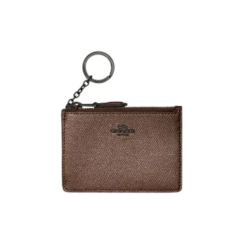 COACH Skinny Id Case Metallic Twill Leather Coin Purse, Card Holder Mini Women's Dark Brown