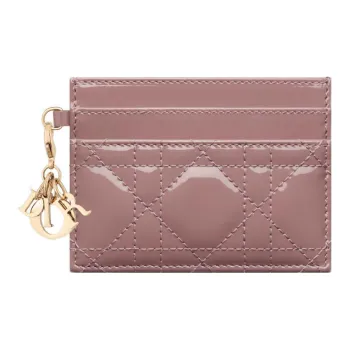 DIOR Lady Dior Patent Leather Cowhide Card Clip Card Holder Women's Pink Peony
