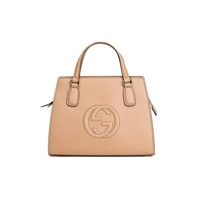 GUCCI Soho Logo Pebbled Leather Shoulder Bag, Crossbody Bag, Handbag Women's Beige-0