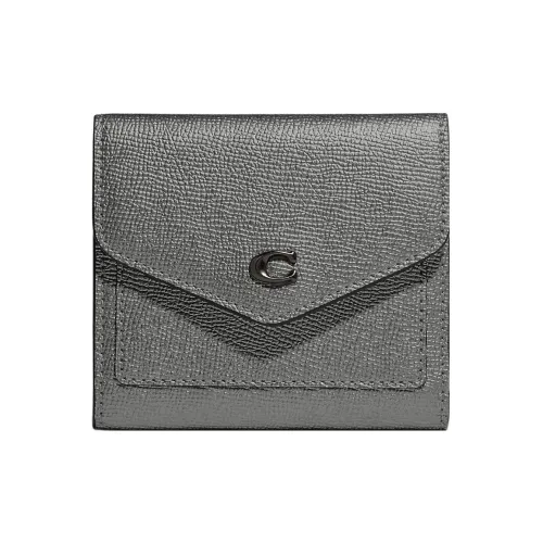 COACH Wyn Metallic-Feel Twill Leather Coin Purses Wallets Small Size Women's Dark Gray