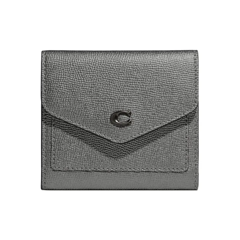 COACH Wyn Metallic-Feel Twill Leather Coin Purses Wallets Small Size Women's Dark Gray-0