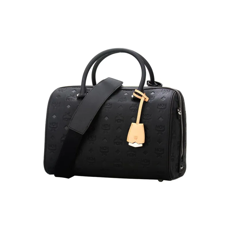 MCM Cow Leather Boston Pillow Bag, Crossbody, One Shoulder, Handbag Women's Black-1