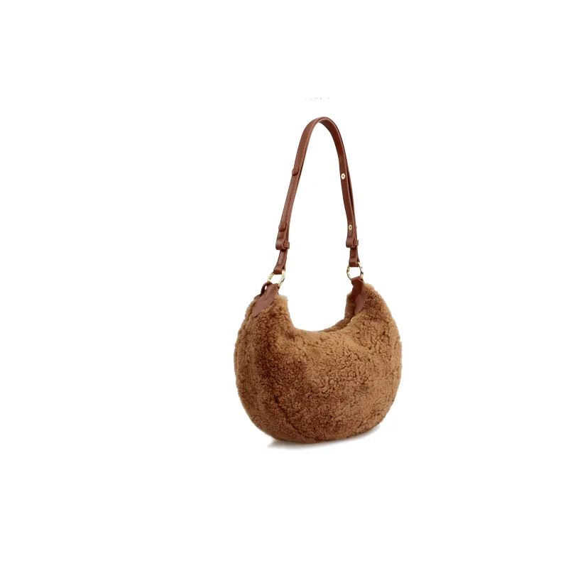 C.LI Lambswool Cute Sweetie Plush Bag Shoulder Bag, Detachable Charm Zip Closure Women's Hazelnut Brown/Cream White-1