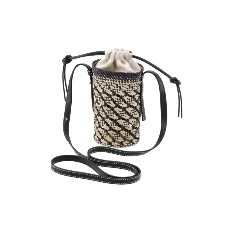 LOEWE Cylinder Pocket Embossed Cow Leather Patch Woven Straw Bag Vacation Bag Shoulder Bag Crossbody Bag Women's Black-2