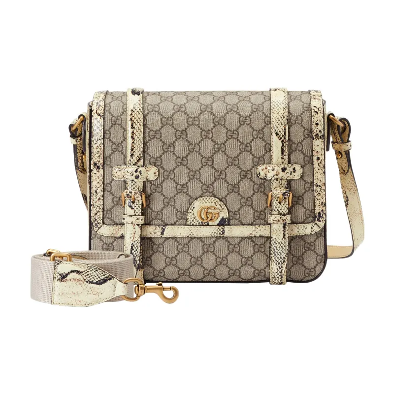 GUCCI Canvas With Snake Skin Trim Messenger Bag Shoulder Bag Crossbody Bag Medium Size Men's Ebony-1