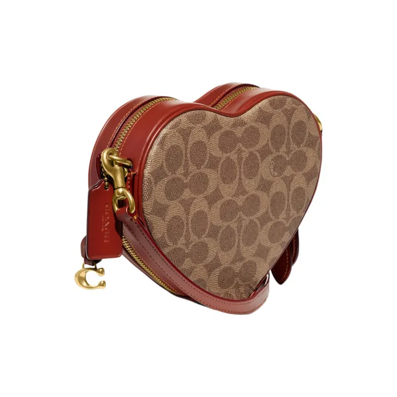 COACH Heart Cow Leather Shoulder Bag Crossbody Bag Small Size Women's Brown Yellow Rusty-1