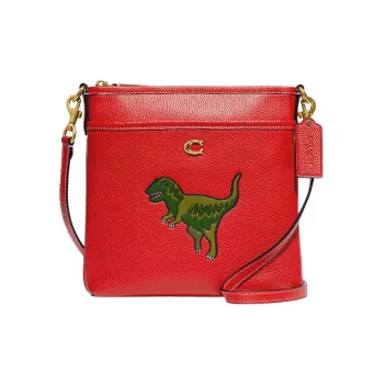 COACH Kitt Polished Pebbled Leather Messenger Bag, Shoulder Bag, Crossbody Bag Small Size Women's Red
