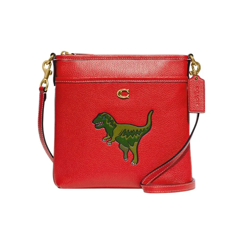 COACH Kitt Polished Pebbled Leather Messenger Bag, Shoulder Bag, Crossbody Bag Small Size Women's Red-0