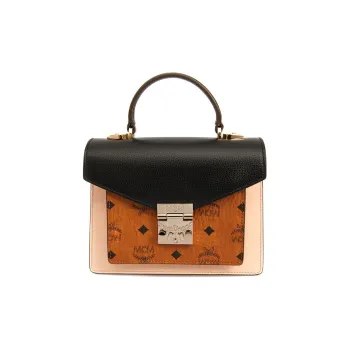 MCM Patricia Visetos Leather Satchel Bag Handbag Small Size Women's Black & Brown