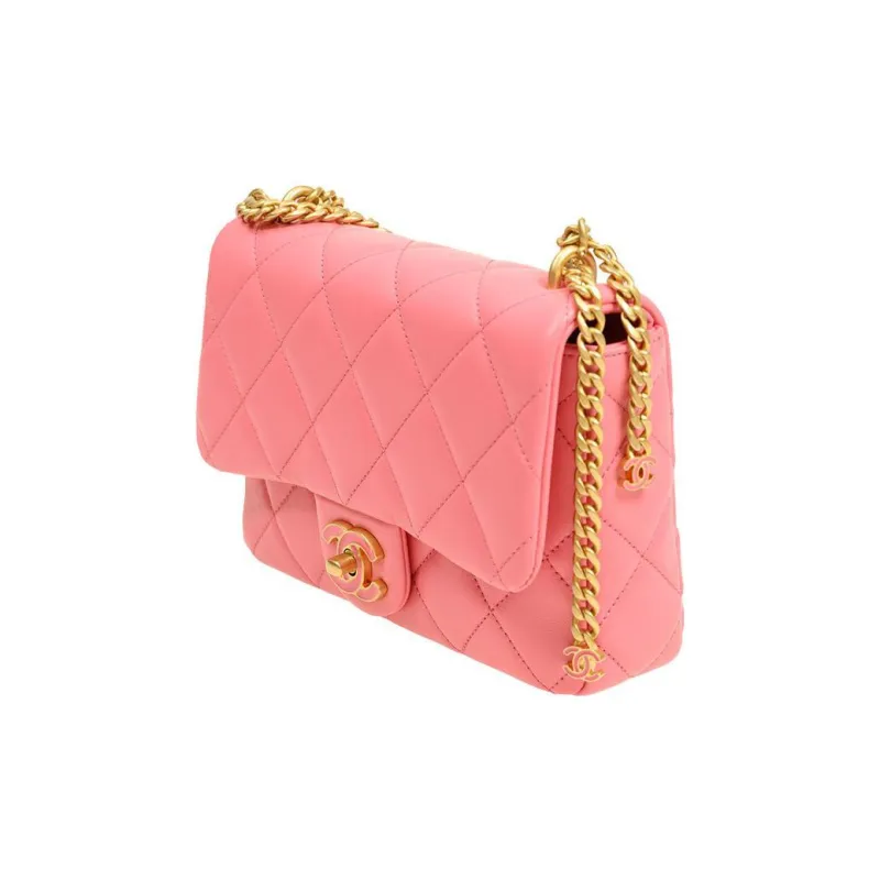 CHANEL Classic Flap CF Lambskin Crossbody Bag, Shoulder Bag Mini Women's Coral Pink-2
