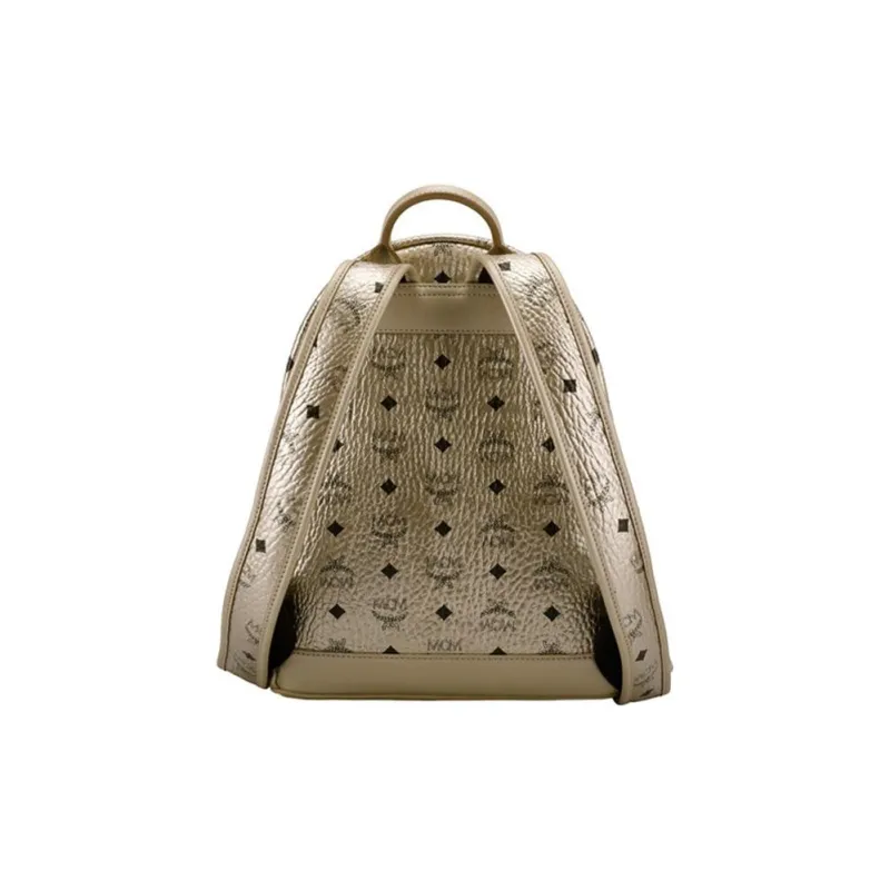 MCM Stark Visetos Leather Backpack Unisex Gold-2
