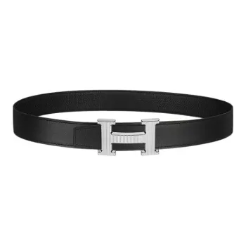 HERMES H Stripes Silver Buckle Togo Calfskin Double-Sided Leather Belt Men's Black Width: 3.2cm