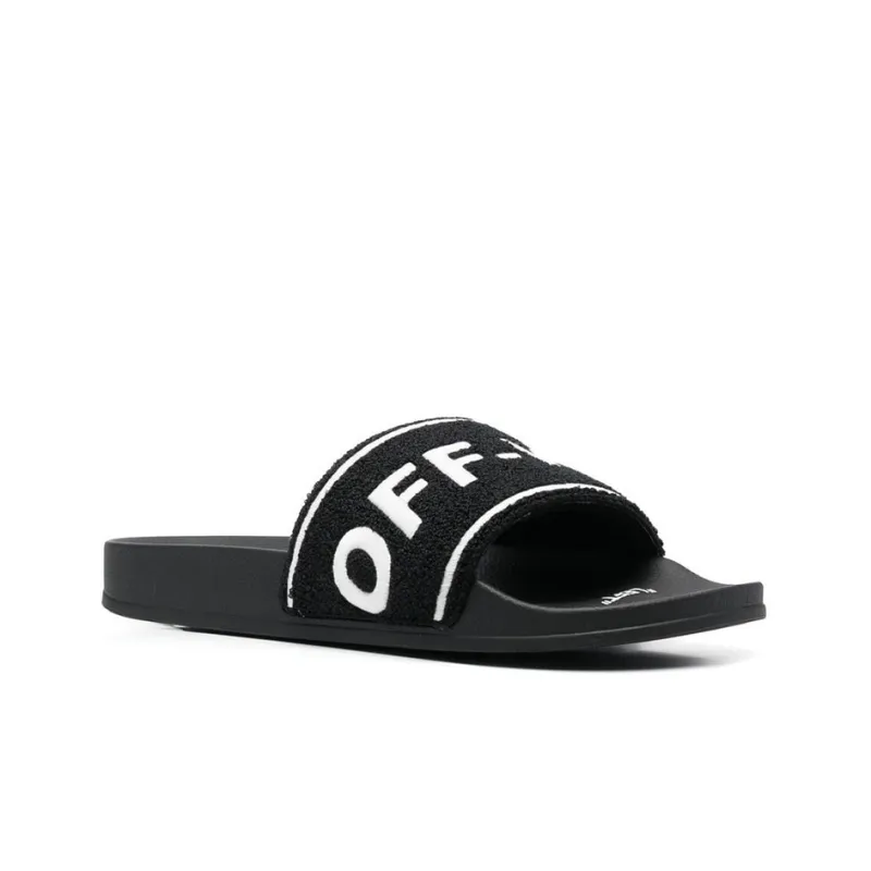 OFF-WHITE Logo-Embroidered Terry Slide Black White-2