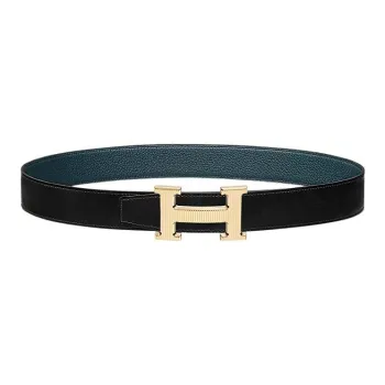 HERMES Comfortable Gold Buckle Togo Calfskin Double Sided Leather Waist Belt Men's Black Width  3.2CM
